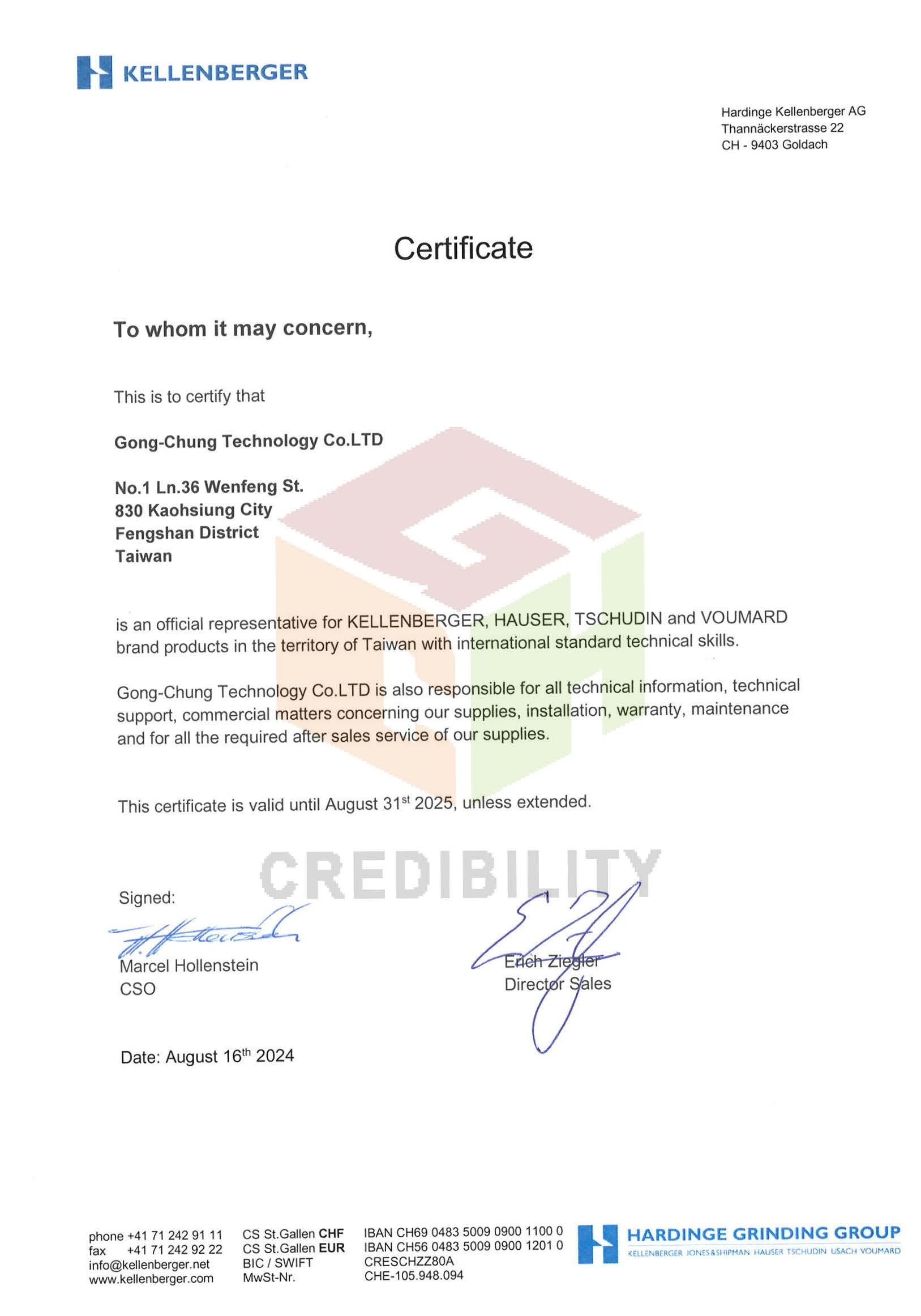 HARDINGE Certificate